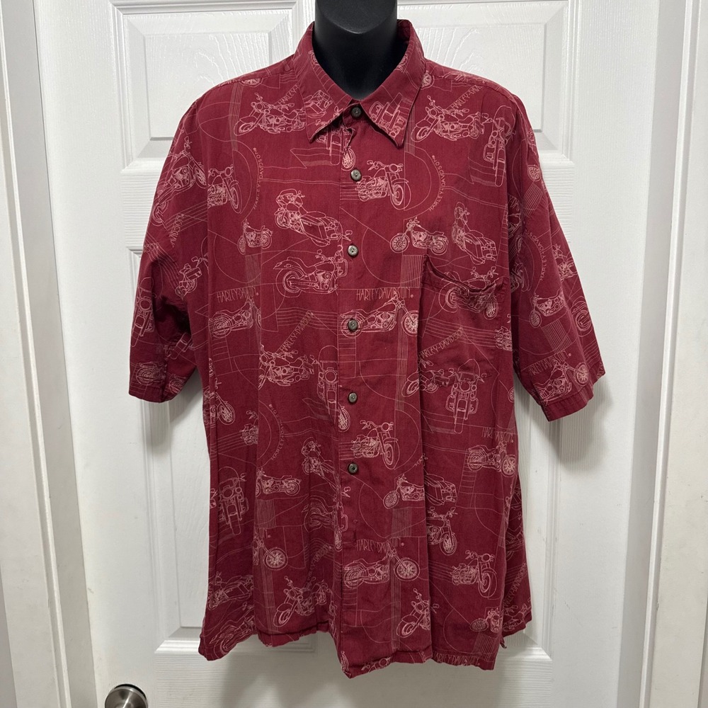 Harley Davidson Y2K Mens XL Motorcycle Graphic AOP Button Up Shirt Red Biker